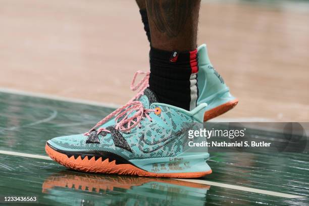 The sneakers worn by Kyrie Irving of the Brooklyn Nets during Round 2, Game 4 of the 2021 NBA Playoffs on June 13 2021 at the Fiserv Forum Center in...