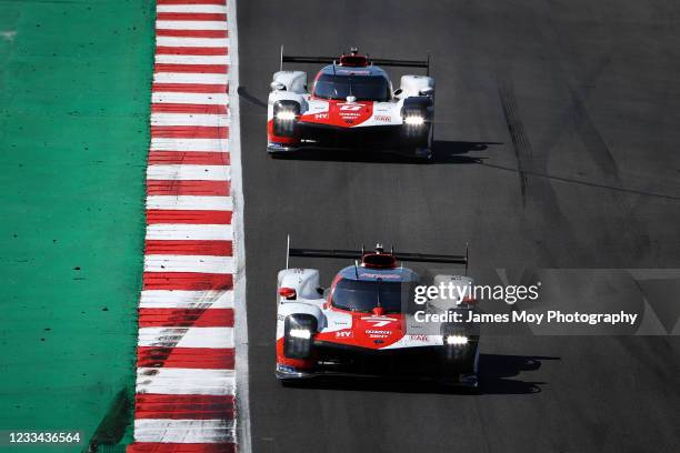 The Toyota Gazoo Racing GR010 Hybrid of Sebastien Buemi, Kazuki Nakajima, and Brendon Hartley in action during the race at Autodromo do Algarve on...