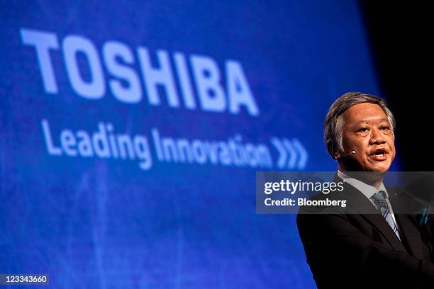 Masaaki Osumi, corporate senior vice president of Toshiba Corp.'s visual products company, speaks during a news conference at the IFA consumer...