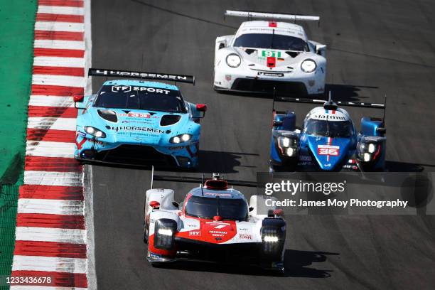 The Toyota Gazoo Racing GR010 Hybrid of Sebastien Buemi, Kazuki Nakajima, and Brendon Hartley in action during the race at Autodromo do Algarve on...