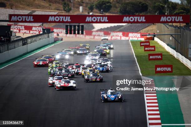 The Alpine Elf Matmut A480 - Gibson of Andre Negrao, Nicolas Lapierre, and Mathieu Vaxiviere leads at the start of the race at Autodromo do Algarve...