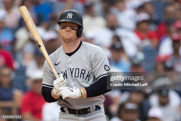 Clint Frazier of the New York Yankees reacts after striking out in the top of the eighth inning against the Philadelphia Phillies at Citizens Bank...