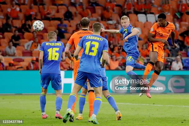 Denzel Dumfries of Holland scores the fifth goal to make it 3-2 during the EURO match between Holland v Ukraine at the Johan Cruijff Arena on June...