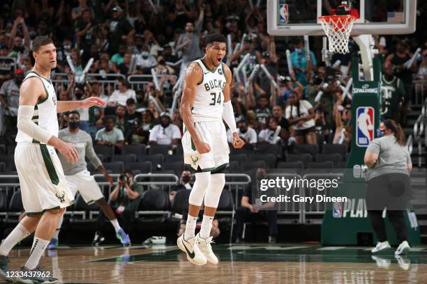 Giannis Antetokounmpo of the Milwaukee Bucks celebrates during the game against the Brooklyn Nets during Round 2, Game 4 of the 2021 NBA Playoffs on...