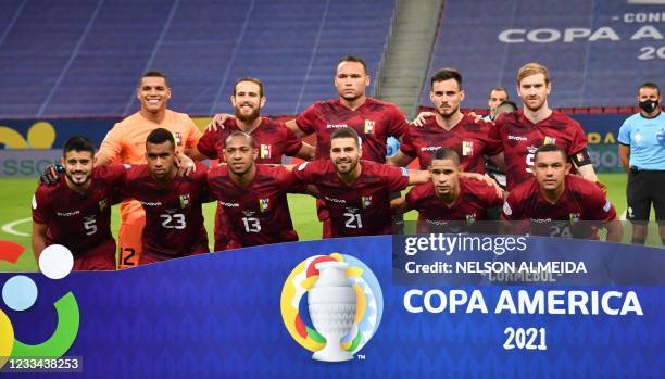 Venezuela's football team poses before the Conmebol Copa America 2021 football tournament group phase match between Brazil and Venezuela at the Mane...