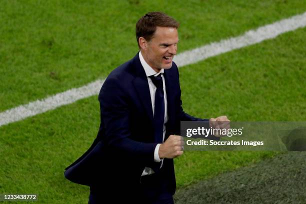 Coach Frank de Boer of Holland celebrates the victory during the EURO match between Holland v Ukraine at the Johan Cruijff Arena on June 13, 2021 in...