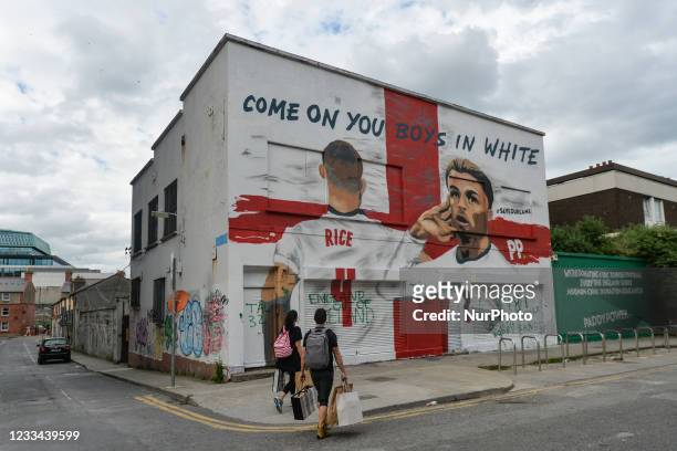 Mural featuring the English duo Jack Grealish and Declan Rice at Euro 2020 and the words 'Come On You Boys In White' has has appeared in the center...