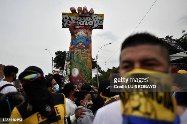 Monument to the resistance built by protestors and locals is seen in Cali, Colombia, amid ongoing protests against the government of Colombian...
