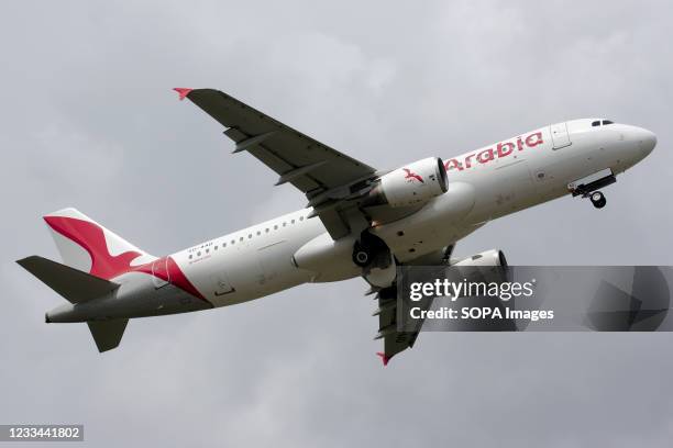 An Air Arabia Egypt Airbus 320 leaving Bergamo Orio al Serio airport.