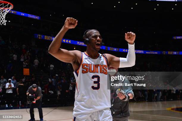 Chris Paul of the Phoenix Suns looks on and celebrates after the game against the Denver Nuggets during Round 2, Game 4 of the 2021 NBA Playoffs on...