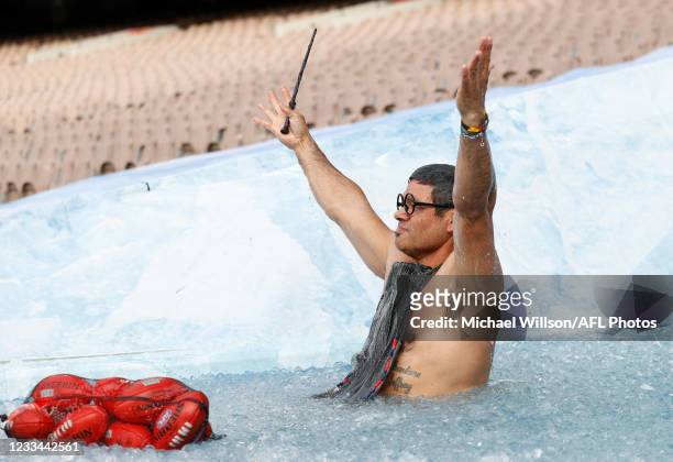 Jeff Farmer, former Melbourne Demons and Fremantle Dockers player, is seen during Big Freeze 7 at the Melbourne Cricket Ground on June 14, 2021 in...