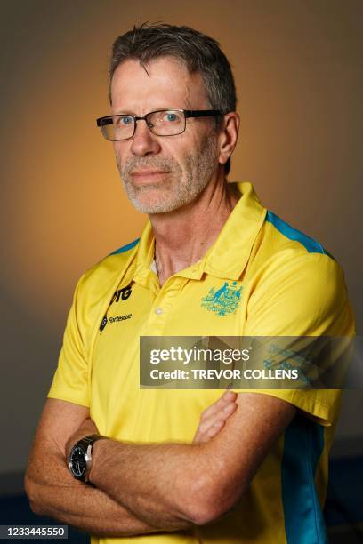 Colin Batch, coach of the Australian men's field hockey team, poses during a team announcement for the Tokyo 2020 Olympics, at a press conference in...