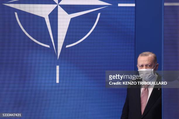 Turkey's President Recep Tayyip Erdogan attends the NATO summit at the Alliance's headquarters, in Brussels, on June 14, 2021. - The 30-nation...