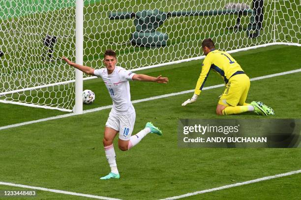 Czech Republic's forward Patrik Schick celebrates scoring his team's first goal during the UEFA EURO 2020 Group D football match between Scotland and...