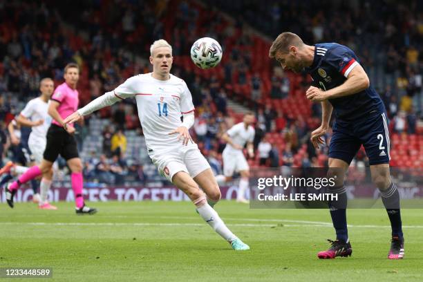 Scotland's defender Stephen O'Donnell heads the ball as Czech Republic's midfielder Jakub Jankto looks on during the UEFA EURO 2020 Group D football...