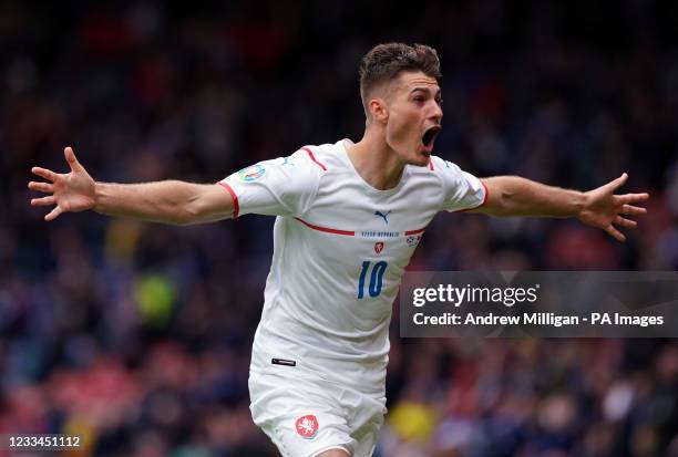 Czech Republic's Patrik Schick celebrates scoring the second goal during the UEFA Euro 2020 Group D match at Hampden Park, Glasgow. Picture date:...