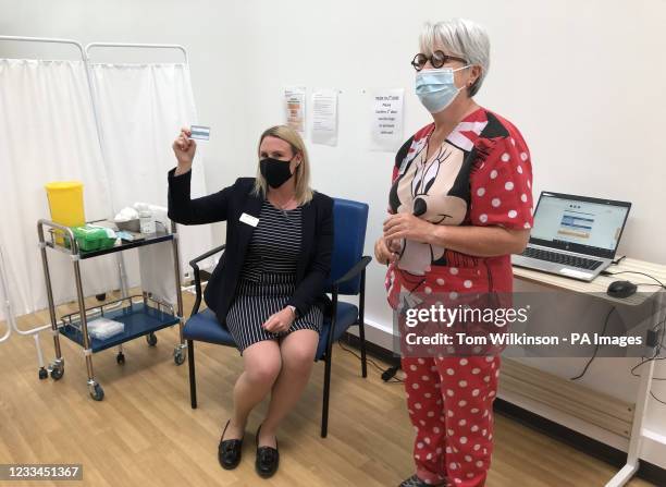 Gateshead???s Director of Public Health, Alice Wiseman , after receiving a second dose of the AstraZeneca vaccine from retired GP Joan Bryson at a...