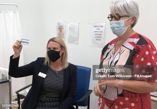 Gateshead???s Director of Public Health, Alice Wiseman , after receiving a second dose of the AstraZeneca vaccine from retired GP Joan Bryson at a...