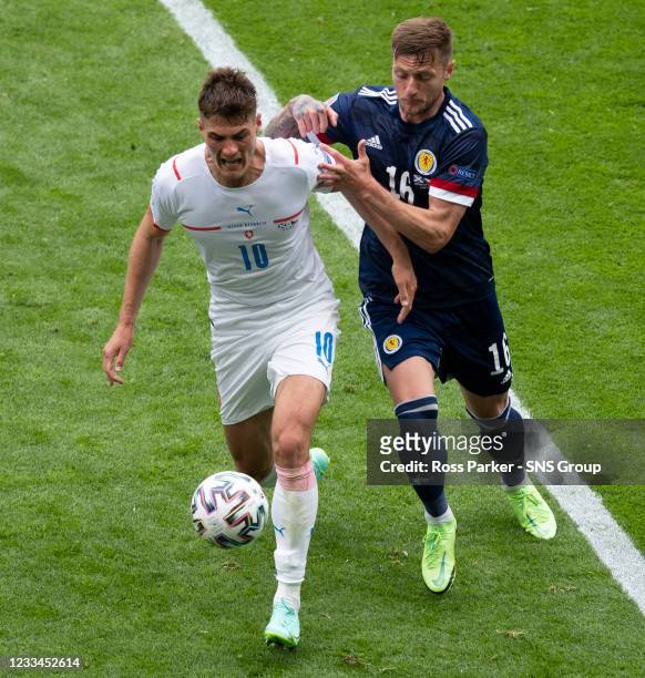 Czech Republic's Patrik Schick holds off Scotland's Liam Cooper during a Euro 2020 match between Scotland and Czech Republic at Hampden Park on June...