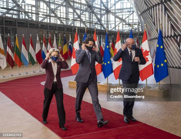 Ursula von der Leyen, president of the European Commission, from left, Justin Trudeau, Canada's prime minister, and Charles Michel, president of the...