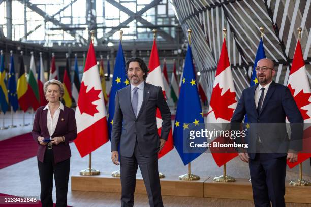 Ursula von der Leyen, president of the European Commission, from left, Justin Trudeau, Canada's prime minister, and Charles Michel, president of the...