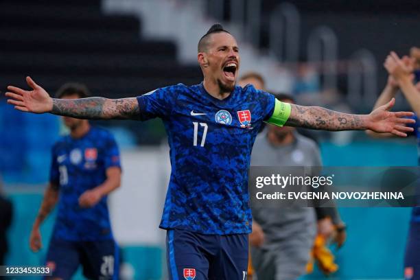Slovakia's midfielder Marek Hamsik celebrates after winning the the UEFA EURO 2020 Group E football match between Poland and Slovakia at the Saint...