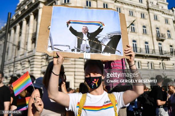 Participant holds a placard showing Hungarian Prime Minister Viktor Orban holding a scarf in rainbow colours, in front of the parliament building in...