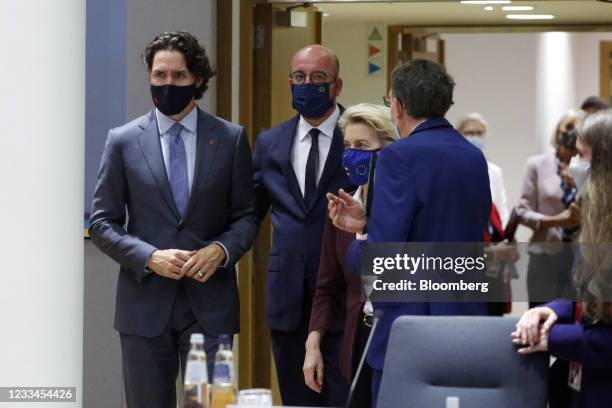 Justin Trudeau, Canada's prime minister, from left, Charles Michel, president of the European Council, and Ursula von der Leyen, president of the...