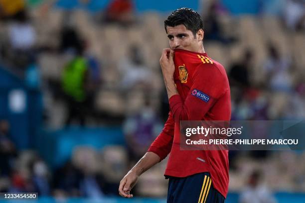 Spain's forward Alvaro Morata reacts after missing a goal opportunity during the UEFA EURO 2020 Group E football match between Spain and Sweden at La...