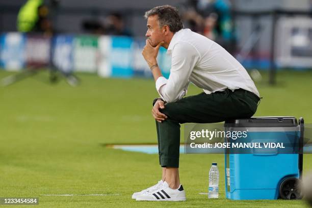 Spain's coach Luis Enrique sits during the UEFA EURO 2020 Group E football match between Spain and Sweden at La Cartuja Stadium in Sevilla on June...