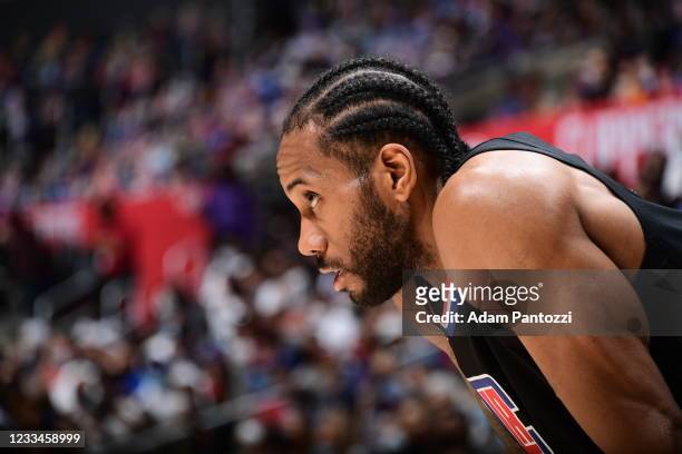 Kawhi Leonard of the LA Clippers looks on during Round 2, Game 4 of 2021 NBA Playoffs on June 14, 2021 at STAPLES Center in Los Angeles, California....