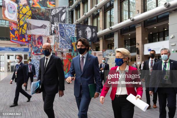 Justin Trudeau, Canada's prime minister, center, Charles Michel, president of the European Council, left, and Ursula von der Leyen, president of the...