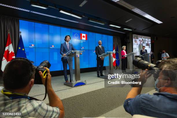 Justin Trudeau, Canada's prime minister, left, Charles Michel, president of the European Council, center, and Ursula von der Leyen, president of the...