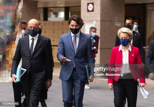 Justin Trudeau, Canada's prime minister, center, Charles Michel, president of the European Council, left, and Ursula von der Leyen, president of the...