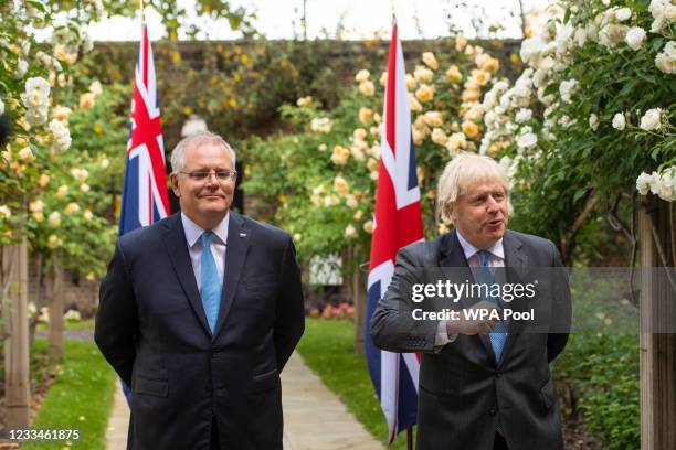 Prime Minister Boris Johnson and Australian Prime Minister Scott Morrison in the garden of 10 Downing Street, after agreeing the broad terms of a...