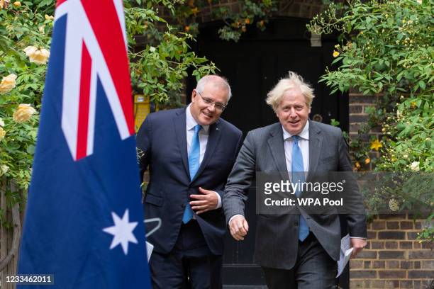 Prime Minister Boris Johnson and Australian Prime Minister Scott Morrison in the garden of 10 Downing Street, after agreeing the broad terms of a...