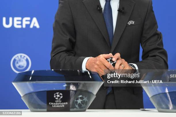 Detailed view of the draw ball being opened during the UEFA Champions League 2021/22 First Qualifying Round draw at the UEFA headquarters, The House...