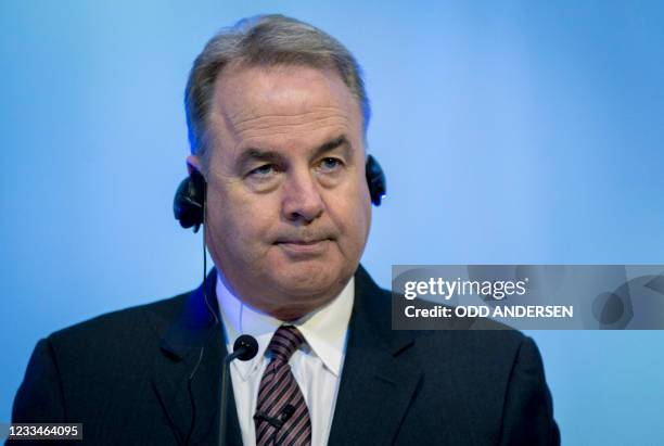 Of the United Arab Emirates airline carrier Etihad Airlines James Hogan and Air Berlin CEO addresses media during a press conference in hangar 15 at...