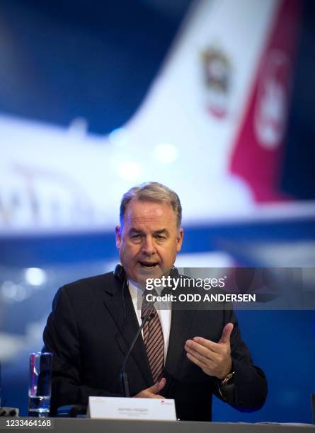 Of the United Arab Emirates airline carrier Etihad Airlines James Hogan and Air Berlin CEO addresses media during a press conference in hangar 15 at...