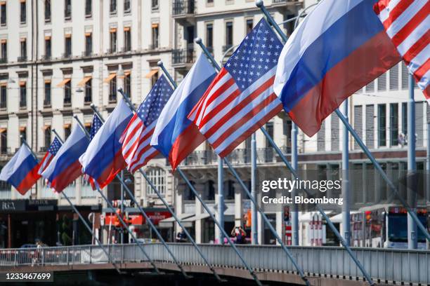 National flags of the U.S. And Russia at the waterfront near Villa La Grange ahead of the U.S. Russia summit in Geneva, Switzerland, on Tuesday, June...