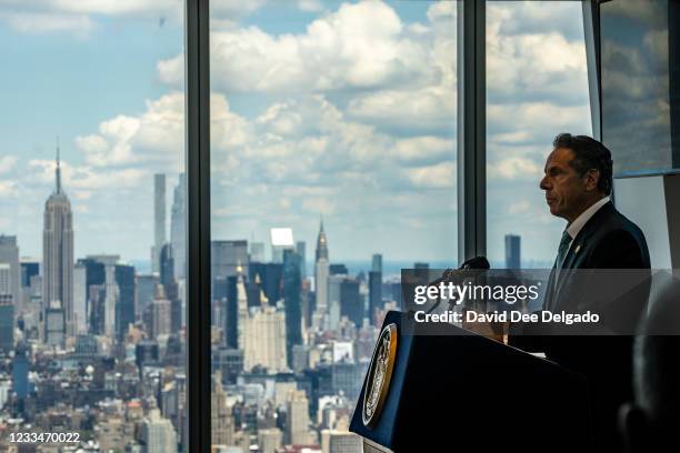 New York Gov. Andrew Cuomo speaks during a press conference at One World Trade Center on June 15, 2021 in New York City. The Governor announced that...