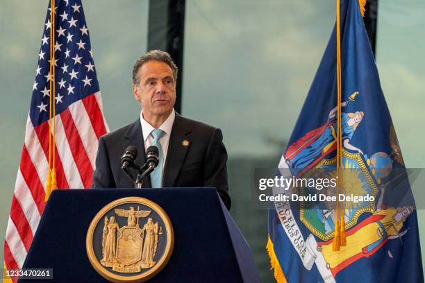 New York Gov. Andrew Cuomo speaks during a press conference at One World Trade Center on June 15, 2021 in New York City. The Governor announced that...