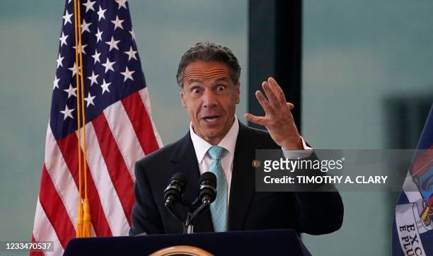 New York Governor Andrew Cuomo speaks during an event to announce that New York will lift 'virtually all' Covid-19 restrictions, after the state...