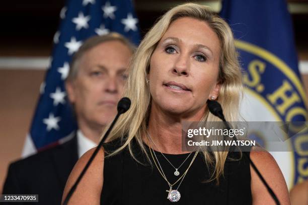 Congresswoman Marjorie Taylor Greene holds a press conference to call for the dismissal of Dr. Anthony Fauci on Capitol Hill in Washington, DC, on...