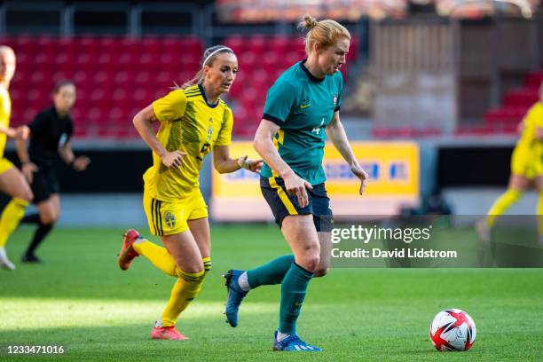 Kosovare Asllani of Sweden and Clare Polkinghorne of Australia during the Women's International Friendly match between Sweden and Australia at...