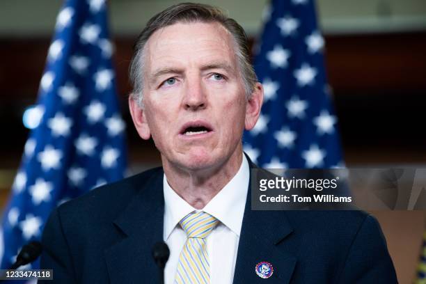 Rep. Paul Gosar, R-Ariz., conducts a news conference in the Capitol Visitor Center on the Fire Fauci Act, which aims to strip the salary of Dr....