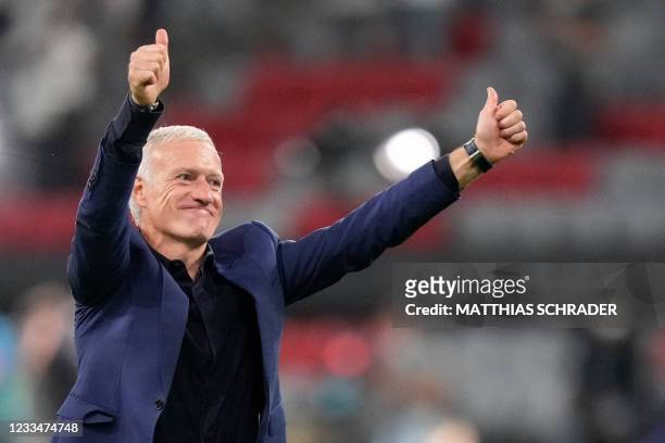France's coach Didier Deschamps greets the fans after the win in the UEFA EURO 2020 Group F football match between France and Germany at the Allianz...