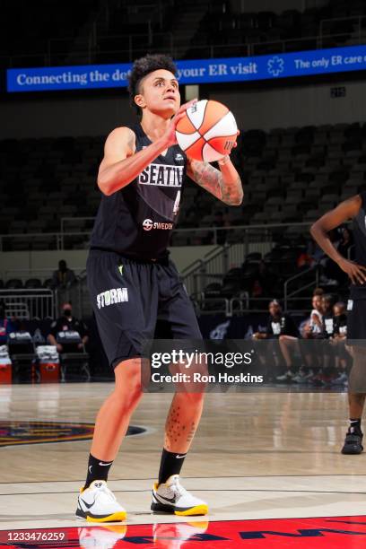 Candice Dupree of the Seattle Storm shoots the ball against the Indiana Fever on June 15, 2021 at Bankers Life Fieldhouse in Indianapolis, Indiana....