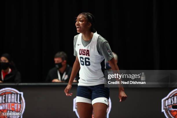 Angel Reese of Maryland celebrates during the Red Bull USA Basketball 3X Nationals on June 13, 2021 at the Naismith Memorial Basketball Hall of Fame...