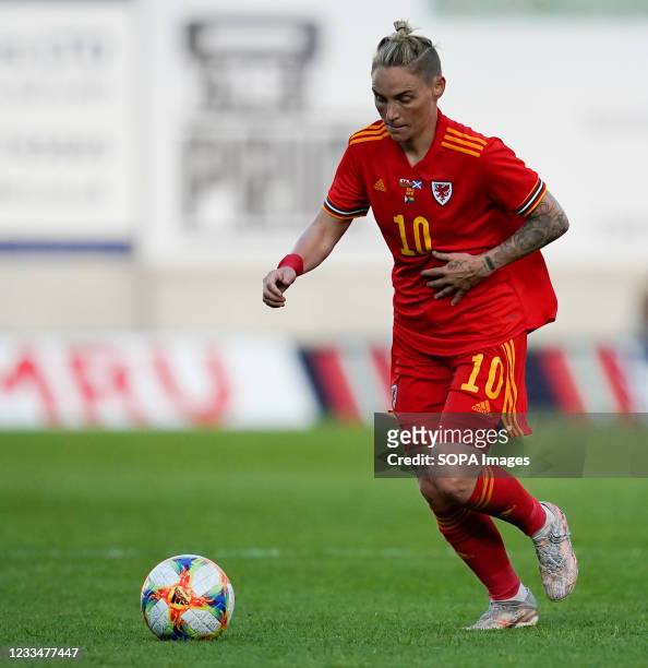 Jess Fishlock seen in action during the Women's Friendly football match between Wales and Scotland at Parc Y Scarlets. .